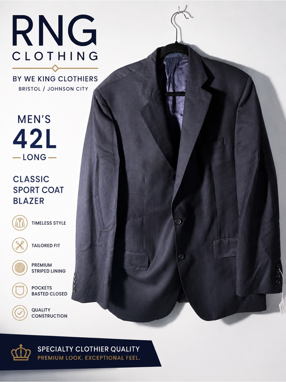RNG Clothing Men’s 42L Navy Blazer Sport Coat 2 Button Tailored Jacket